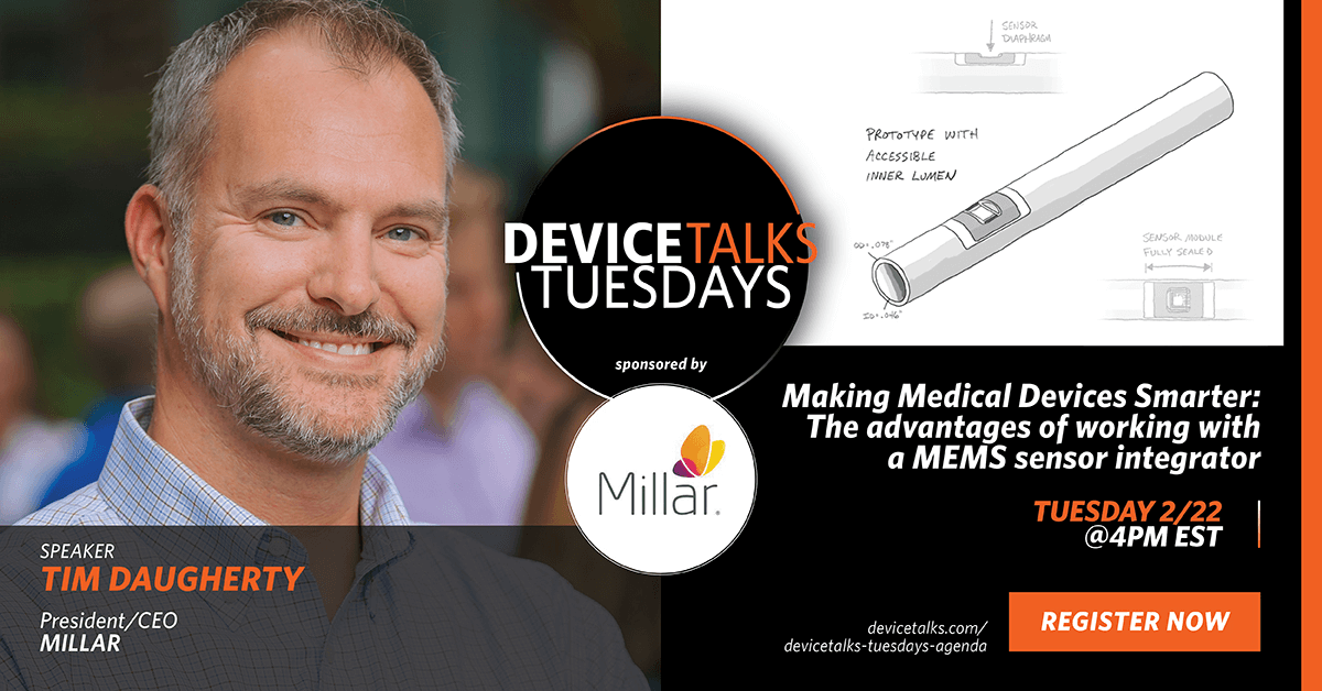 Flyer for Millar's Device Talks Tuesdays with a photo of CEO Tim Daugherty and device prototype