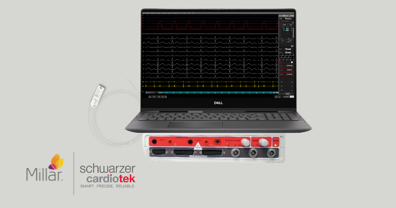 Black Dell laptop connected to a Mikro-Cath and EP-Tracer recording system next to Millar/Schwarzer Cardiotek logos. 