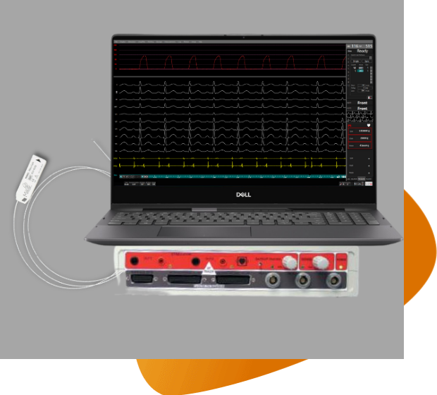 Black Dell laptop connected to a Mikro-Cath and EP-Tracer recording system. 