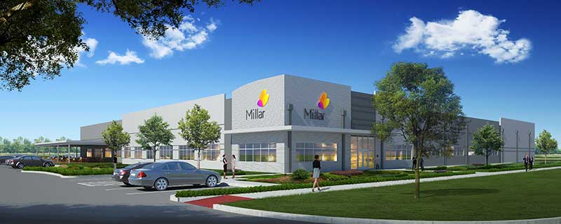 Representational image of the new Millar building with a gray exterior, large windows, outdoor seating, cars parked in the front, and people walking on the sidewalks. 