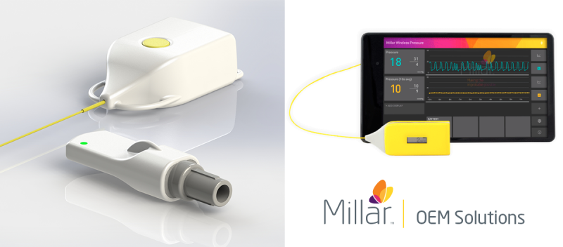 A combination shot of the Millar wireless pressure sensor and what it looks like hooked up to a tablet