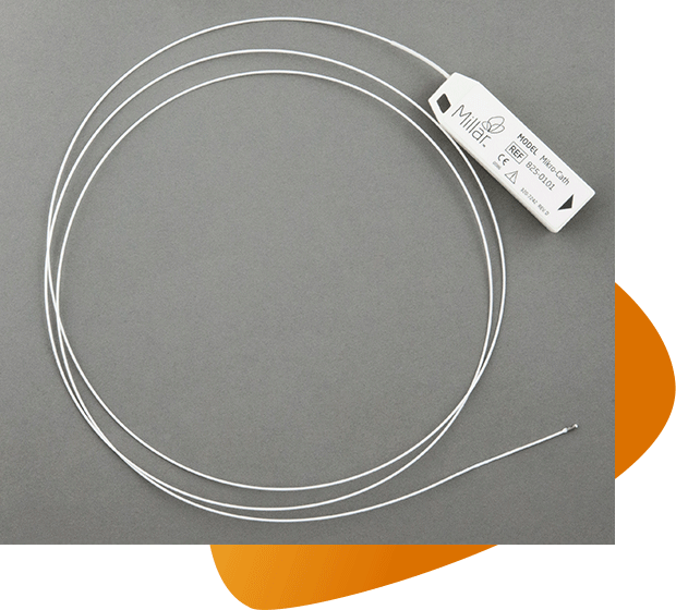A product shot of Millar's Mikro-Cath disposable catheter with a graphic background