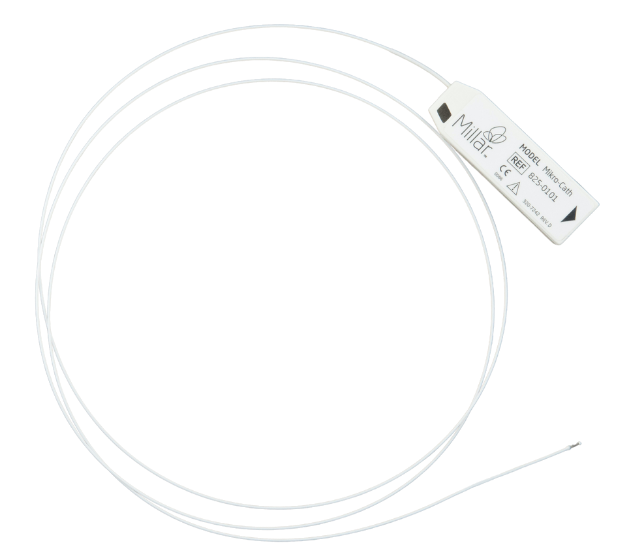 A product shot of Millar's Mikro-Cath disposable catheter with a graphic background